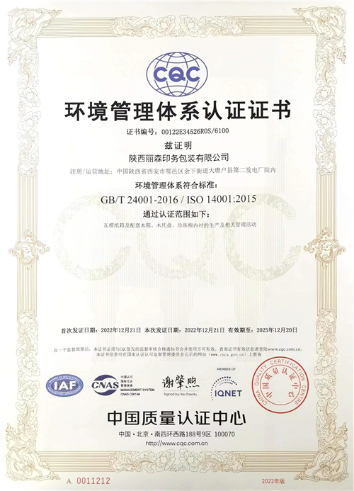 14001环境管理体系认证证书